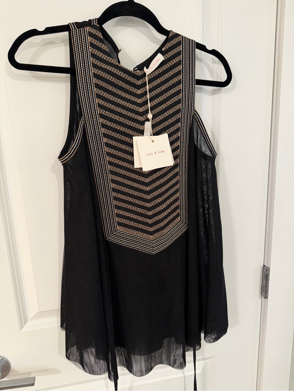NWT Sass & Bide Black Embellished Sleeveless Tunic Silk & Cotton Contrast